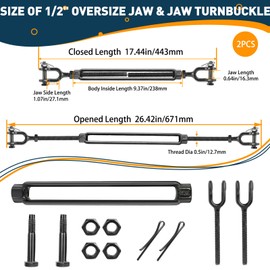 hannger 1/2" Heavy Duty Turnbuckle Ultra Large Jaw & Jaw Turnbuckle, 2205 Lbs Working Load Limit, Black Turnbuckles Tensioner for Cables Wire Rope, Anti Sag Gate Kit, Yard Zipline, Shade Sail
