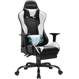 Homall Gaming Chairs, Computer Chair with Footrest and Massage Lumbar Support, Height Adjustable Game Chair with Headrest and Swivel Seat (White)