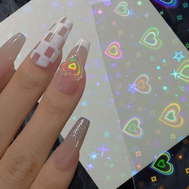 Heart Nail Art Stickers Mother's Day Gift, 9 Sheets Aurora Love Laser Broken-Glass Gradient Rainbow Nail Holographic Foil Stickers Star Heart Reflections for Women Girls DIY Manicure Decoration