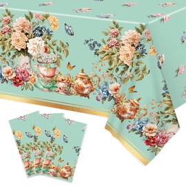 Lianxuia 3pcs Tea Party Tablecloth, 54 x 108 Inch Spring Floral Plastic Table Cover,Vintage Tea Party Decorations for Spring Garden Party, Baby Shower, Wedding, Girls Birthday Party Supplies