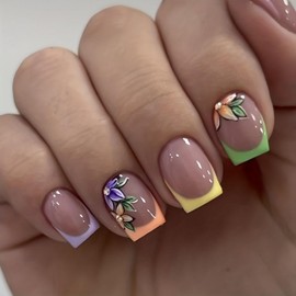 French Tip Press on Nails Short Square Fake Nails with Flower Designs Acrylic Nails Colorful Nail Tip Stick on Nails Cute Spring Press on Nails Gloss Artificial Nails for Women Manicure Art