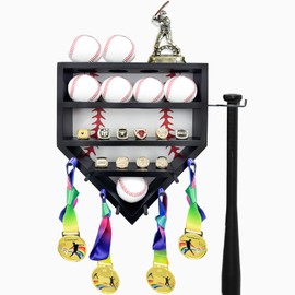 Gavinjiao Wooden Baseball Ring Holder, Baseball Display Case with Bat Holder Wall Mounted Holder Trophy Case Homerun Display Shelf with Extra Space for Champion Rings Medals Trophies Black (M)