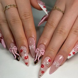 Press on Nails Almond - French Tip with Bows False Nails - Acrylic Nails Nude Pink Fake Nails with Pearl - 24 Pcs Long Stiletto False Nails with Glue - Full Cover Nail Tips Stick on Nails