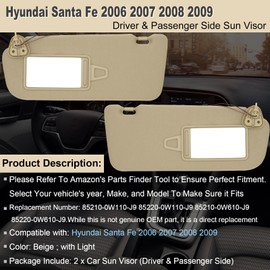 NHILES Driver & Passenger Side Sun Visor Replacement Fits for Hyundai Santa Fe 2006-2009 Sunshade with Light 852100W110J9 852200W110J9 Color Beige