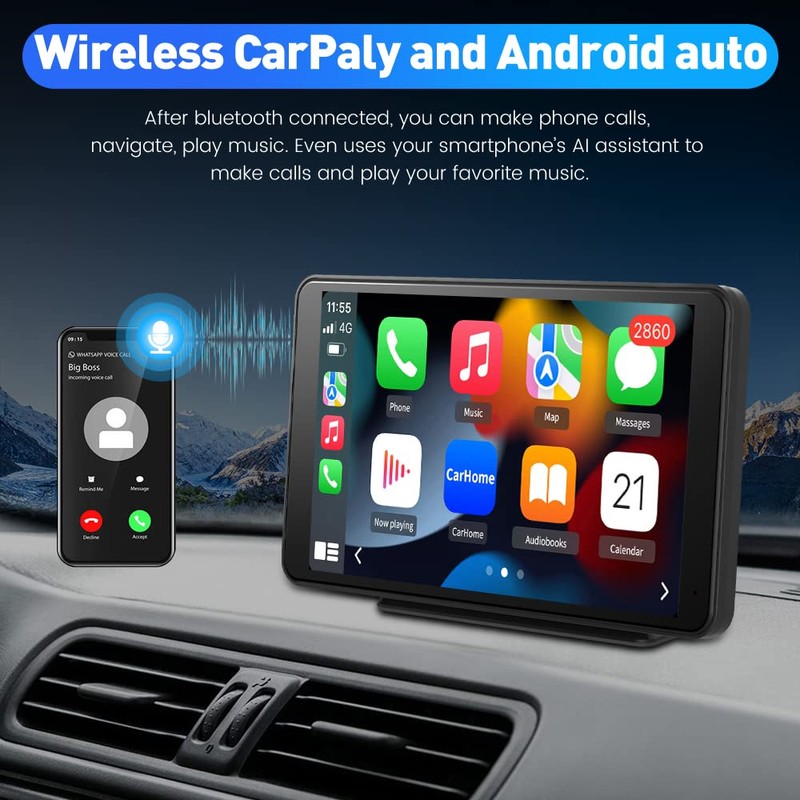 Portable Wireless Apple CarPlay and Android Auto Car Radio Stereo,