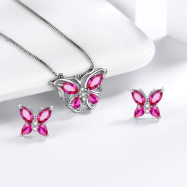 Aurora Tears Butterfly Necklace Earrings Rings Birthstone Jewellery Set Pendant Dating Pendant Gifts for Women and Girls 925 Sterling Silver, G.red-ruby