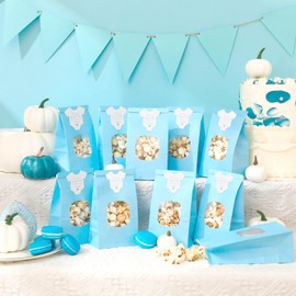 Teenyyou 36 Sets Little Pumpkin Baby Shower Favors 36 Pcs Thanks for Poppin' by to Celebrate Paper Popcorn Bags for Party with 36 Clothes Popcorn Stickers Engaged Container Baby Shower Bags(Blue)