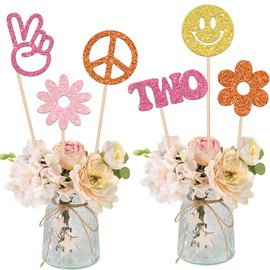 12 PCS Two Groovy Hippie Party Centerpiece Sticks Glitter 60s Retro Boho Dasiy Flower Sun Peace Sign Hand Table Flower Centerpieces Sticks for Hippie Retro Theme Birthday Party Centerpiece Supplies