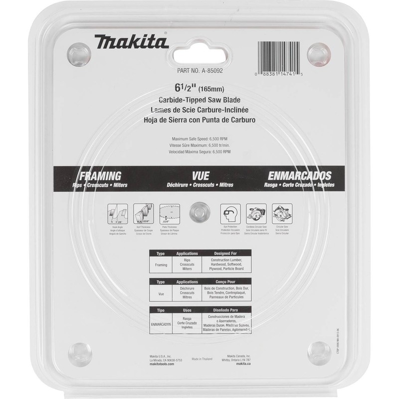 Makita A-85092 6-1/2" 24T Carbide-Tipped Circular Saw Blade, General Purpose