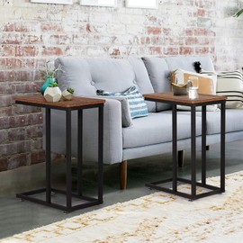 VECELO C Shaped End Side Couch Table,Snack Style for Living Room,Sofa,TV Tray,Set of 2(Brown)