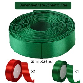 Christmas Satin Ribbon Gift Ribbon Wide, 2 Rolls 25 mm x 22 m, Satin Ribbon Green Red Gift Ribbon Ribbon Christmas Fabric Ribbon for Crafts Gift Packaging
