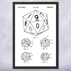 Framed 20 Sided Dice Print, Game Room Art, Gamer Gift, Dice Blueprint, Board Game Art, Toy Store Decor, Play Room Decor Black & White (9x12)
