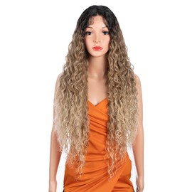 Blonde Hair Synthetic Lace Front Wigs Ombre Blonde Deep Curly Wave Hair Middle Part Lace Front Wigs for Fashion Women 30 Inches