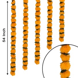 Marubhumi 5 PC 5 Feet Long Strands Artificial Marigold Flowers with Gulchadi Garland for Diwali Decor, Garland for Decoration, Diwali Decorations for Home, Christmas Decor Wedding Decor (Mango)