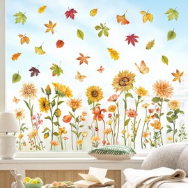 decalmile Summer Fall Flowers Double Sided Window Clings Sunflower Maple Leaves Window Decals Anti-Collision Glass Window Doors Window Stickers