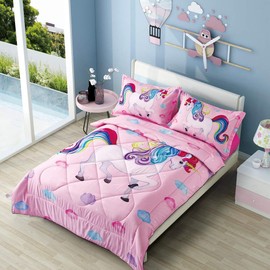 Wowelife Unicorn Bedding Sets for Girls Pink, Full Size 5 Piece Premium 3D Unicorn Comforter Set, Rainbow and Cloud Design, Comfortable and Breathable for Children and Adults