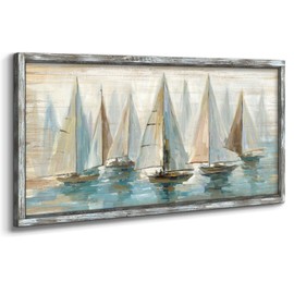 Beach Ocean Framed Wall Art: Sailboat Pictures Coastal Wooden Painting Seaside Prints Seascapes Artwork for Bedroom(40x20)