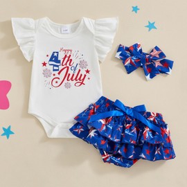 FIOMVA My First 4th of July Baby Girl Outfit Newborn Romper Shorts Set Summer Toddler Ruffle Skirts Stars Print Clothes (A Happy 4th of July White, 0-3 Months)
