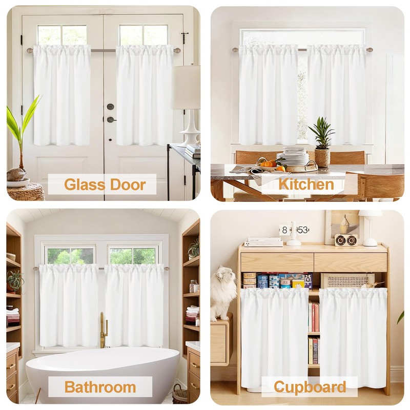 DWCN White Faux Linen Kitchen Curtains, 36 Inch Drop Cafe