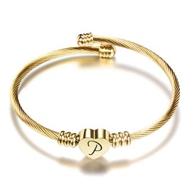 VQYSKO Bracelet with Initial, Heart Charm, Women’s, Girls’ Engraved Stainless Steel Charm Bracelet, 18 cm Chain, 5 Colours, P, gold
