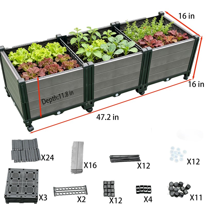 Ywie up Triple Compartment Elevated Raised Garden Bed with Wheels,