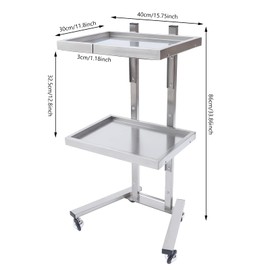 KONKENIE 2 Tier Foldable Trolley with Stainless Steel Tray Universal Rolling Tray Cart Storage Mobile Trolley Equipment for Hair Salon Tattoo Studio Spa Beauty Shop Silver (15.75x11.8x33.86in)