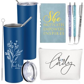 Funnymoom 6 Pcs Boss Day Gift Set Lady Appreciation Day Thank You for Women 20 oz Aesthetic Boho Flower Sign Tumbler Tote Bag Makeup Bag A6 Notepad with 3 Ballpoints Best Boss Ever Gift (Blue)