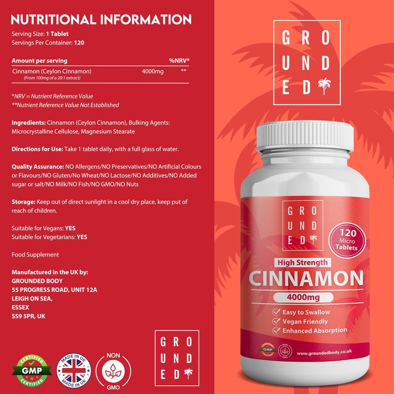 Grounded High Strength Cinnamon 4000mg, 120 Tablets, 2 Month Supply