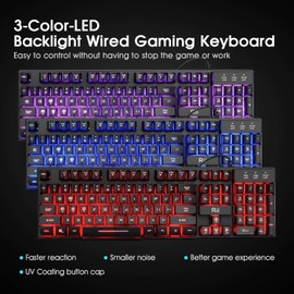 Rii RK100 3 Colors LED Backlit Mechanical Feeling USB Wired Multimedia Gaming Keyboard, Office Keyboard for Working or Primer Gaming,Office Device
