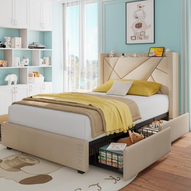 Feonase Upholstered Storage Bed Frame Twin Size with 4 Drawers, Platform Bed with Charging Station & Wingback Headboard, Solid Wood Slats Support, Beige
