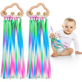Baby Sensory Ribbon Ring Toys - 2Pcs Rainbow Ribbon Rattle Natural Wooden Ribbon Ring Molar Wood Circle Newborn Teether Sensory Montessori Toy for 6-12 Month Babies Toddler