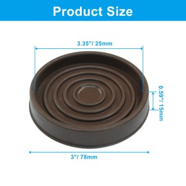 Hordion 4PCS 3" Furniture Caster Cups, Round Rubber Furniture Pads Non-Slip Floor Protector for Couch Table Chair Cabinet, Brown