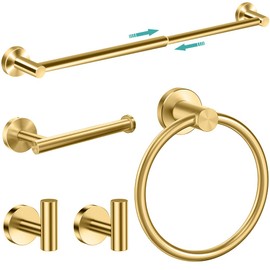 MGahyi 5 Pieces Bathroom Accessories Set, Stainless Bathroom Hardware Set, Extendable Towel Racks for Bathroom(12.8-24.8inch), Robe Towel Hooks Toilet Paper Holder Towel Ring (Gold)