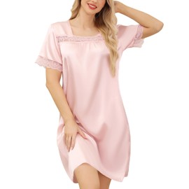 Lovasy Satin Nightdress for Women UK Silk Nighties for Women Ladies Short Sleeve Lace Trim Satin Night Dress Nighty Nightwear,Pink,XXL