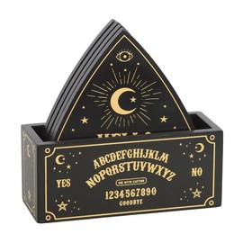 Set of 4 Celestial Planchette Shaped Coasters with Black & Gold Design and Matching Holder – Unique Talking Board Style for Modern Home Decor – Easy to Clean and Store