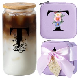 AYGXU Birthday Gifts for Women,Teen Girls Gifts,Travel Gifts for Women Girls,Thanksgiving gifts for women,Valentines Gifts,Graduation Gifts for Her,glass cup with bamboo lid and straw,Initial T purple