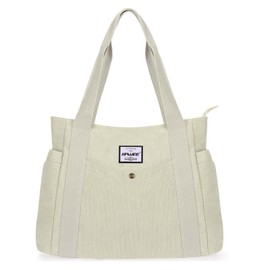 HAWEE Canvas Women's Handbag Shopper Tote Bag Large Shoulder Bag with Zip Shoulder Bag Retro Carry Bag Lightweight Handbag for Travel Work School Shopping Beach Everyday, White, Casual, fashionable