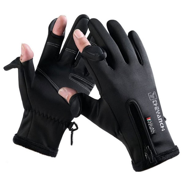 Fishing Gloves, Cold Protection, 2 Fingers, Outdoor Gloves, Fleece Lined, Cycling Gloves, Work or School Commutes (L, Black)