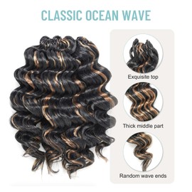 ToyoTree Ocean Wave Crochet Hair - 14 Inch 8 Packs Brown Highlight 3 Tones Mid-Length Curly Deep Wave Crochet Hair, Synthetic Ocean Wave Braiding Hair Extensions (14 Inch,P1B/30/27-8P)