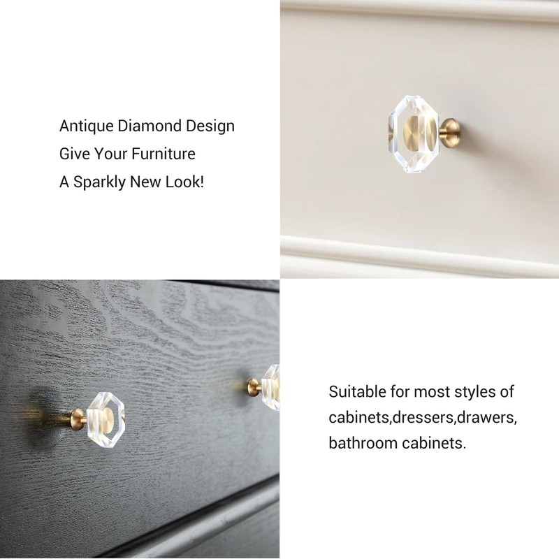 Guank 2-Pack Brass Base Crystal Drawer Knobs,Glass Crystal Gold Cabinet