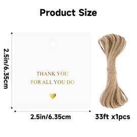 joycraft 50Pcs Thank You for All You Do Tags, 2.5In Square Gold Foil Hangtags with String, White Kraft Paper Thank You Gift Tags for Teachers' Day, Thanksgiving, Anniversary, Employee Appreciation.