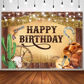 Sensfun 7x5ft Western Cowboy Happy Birthday Backdrop for Boys Men Wild West Rodeo Cowboy Birthday Decorations Rustic Wooden Background Photography Country Cowboy Party Banner Photo Booth Props