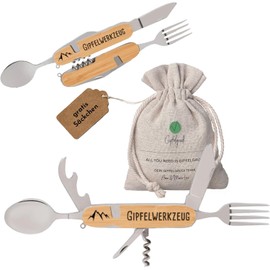 Gipfelgaudi All-in-One Camping Cutlery: Ideal for Hiking, Picnics & More, Plastic-Free Cutlery To Go Made of Rustproof Stainless Steel and Wood