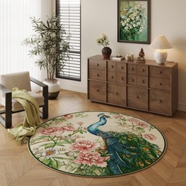 Vowkten Round Rug 4ft Washable Circle Rug Non Slip Low Pile Floral Peacock Animal Small Circular Rug for Bedroom, Bathroom, Entryway, Kids Room, Office, College Dorm (Beige)