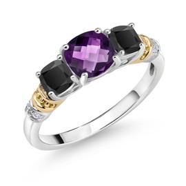 Gem Stone King 925 Silver and 10K Yellow Gold Purple Amethyst and Black Onyx and Diamond 3-Stone Ring For Women (1.29 Cttw, Gemstone February Birthstone, Cushion Checkerboard 6MM and 4MM, Size 9)