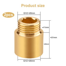 Brass Tap Extension 1/2 Inch x 20 mm, DN15 Thread Extension, 1/2 Inch Female x 1/2 Inch External Thread, 20 mm Brass Extension Fitting, Connection Extension for Drinking Water and Heating Installation