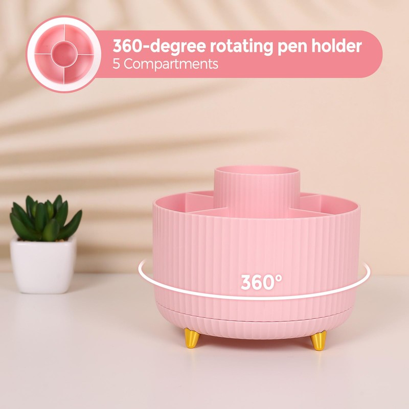 SKYDUE Pink Desk Accessories 10Pcs, Rotating Pen Holder for Desk,