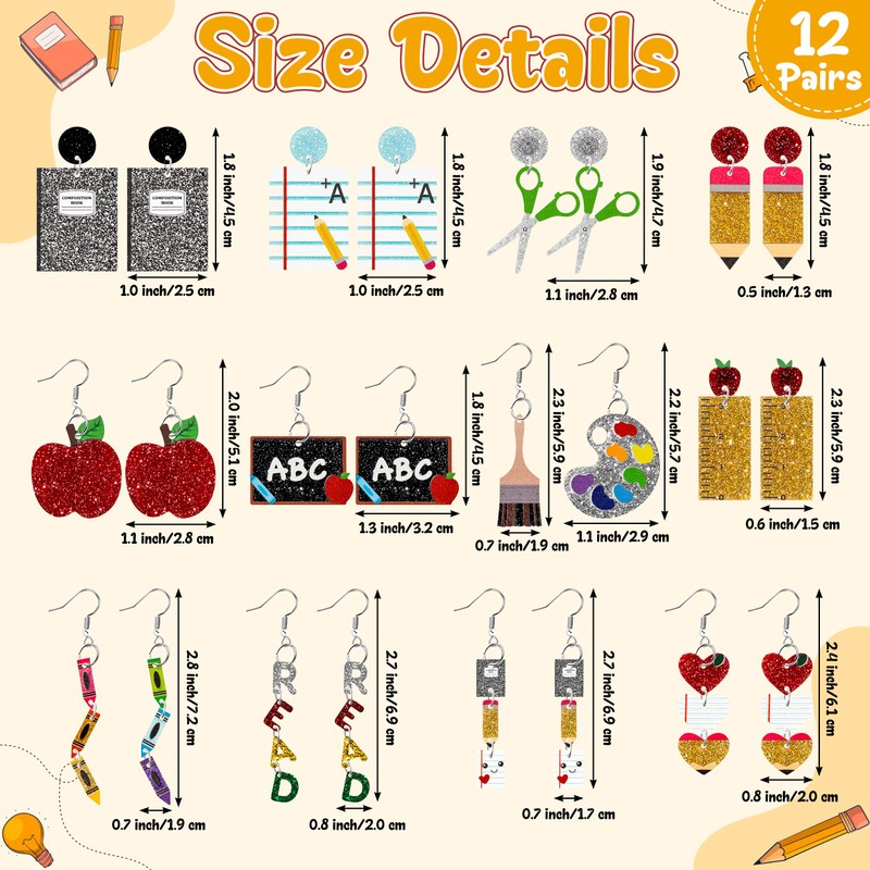 Laffact Teacher Acrylic Earrings for Women, 12 Pairs Back to