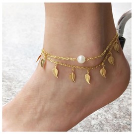 Pearl Leaf Anklet Bracelet Boho Layered Tassels Anklet Faux Pearl Summer Beach Foot Chain Jewelry for Women Girls (Gold)