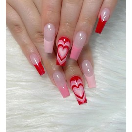 Valentine's Day Press on Nails Medium Coffin Shaped Fake Nails French Tip False Nails with Red Peach Heart Design Glossy Pink Nude Full Cover Acrylic Glue on Nails for Women Girls DIY Nail Manicure